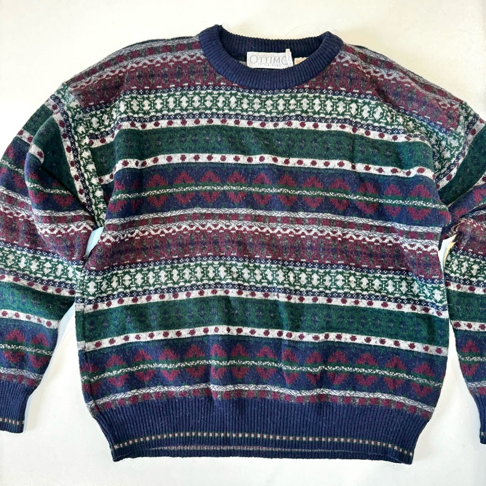 Vintage Ottimo Men's Size Large Maroon Navy/Purple Wool Blend Crewneck Sweater